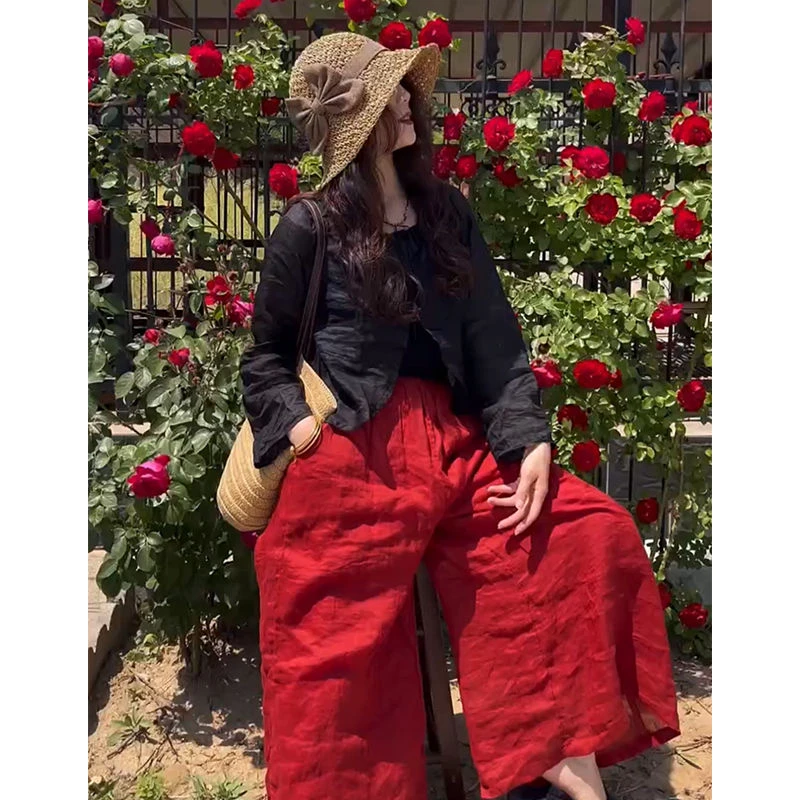 欧洲站2025夏季新款洋气宽松圆领开衫女百搭高腰纯色麻裤两件套