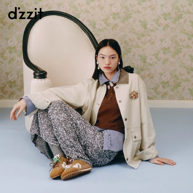 dzzit地素短外套25春新款巴恩风灯芯绒拼接牛仔夹克女3J1RD129B