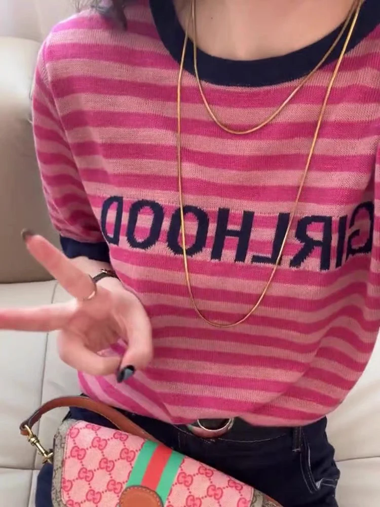 1878 条纹撞色字母夏季百搭短袖针织上衣