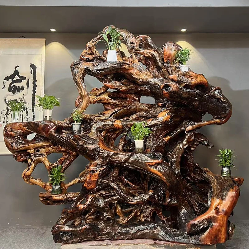香樟木根雕花架实木天然树根底座客厅木雕大型摆件原木艺术花瓶架