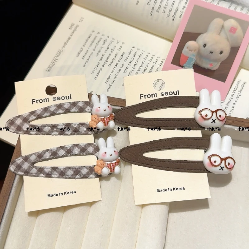 可爱秋冬时尚甜美少女心小兔咖色格纹布艺水滴BB夹简约百搭发夹