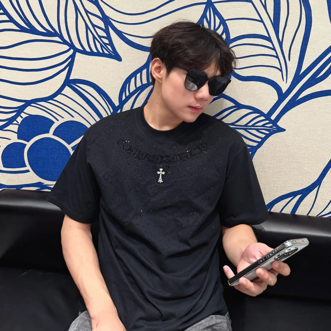 轻奢痞帅满天星潮牌烫钻纯棉T恤男女同款时尚百搭慵懒风短袖夏季