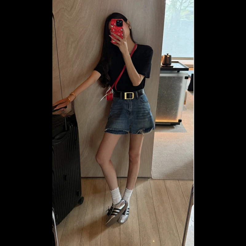 破洞毛边a字牛仔裙裤女2025夏季新款高腰显瘦短裤