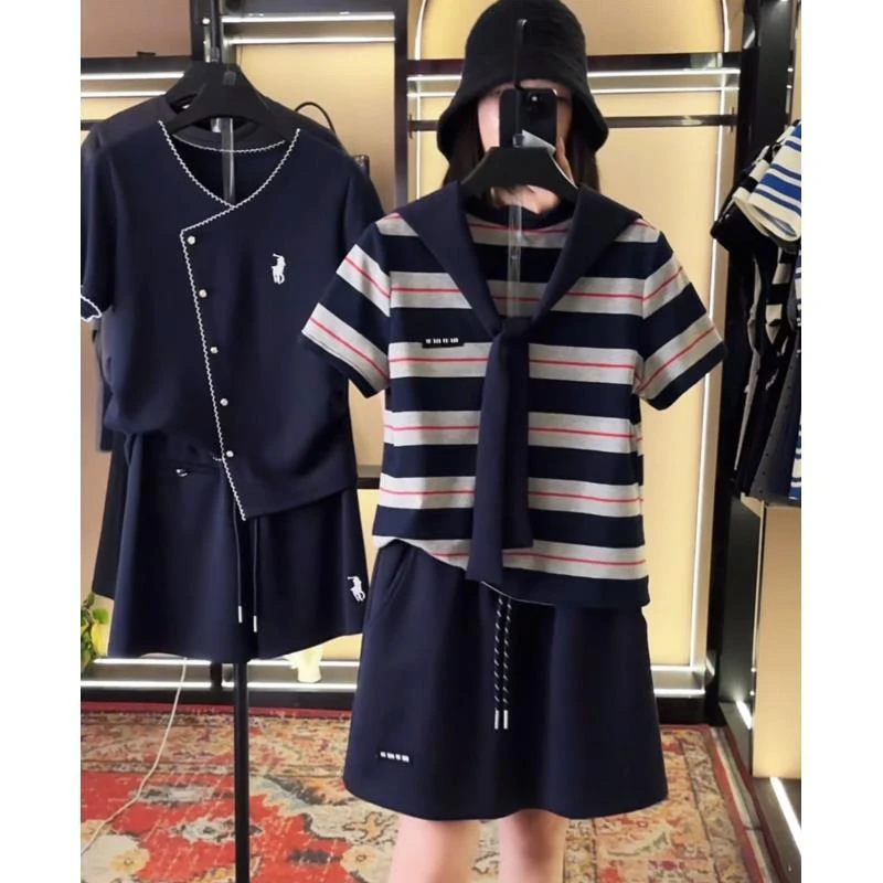 【宠粉价】条纹系列 夏季宽松设计师款圆领T恤气质套装TZ-270