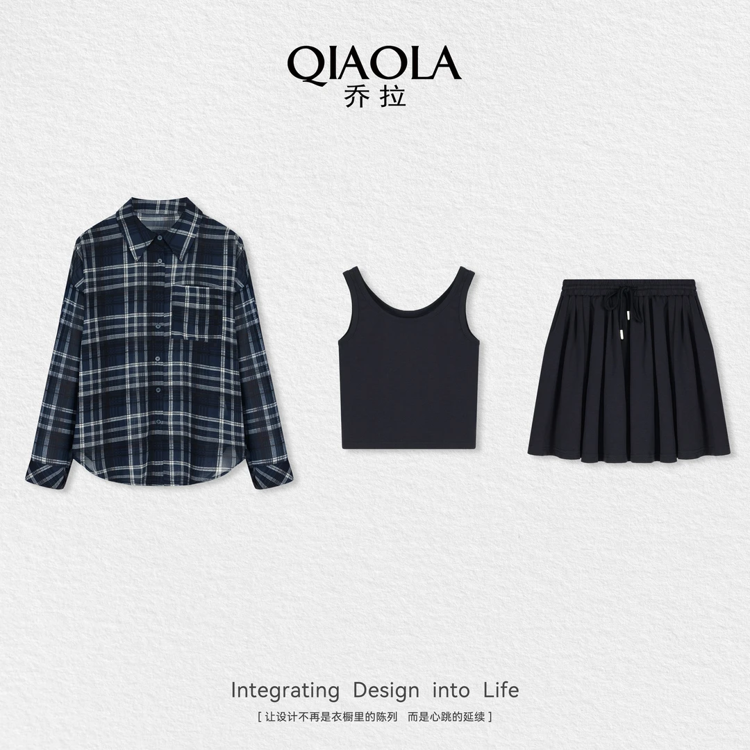 QIAOLA/乔拉【时光沙漏】夏新款小众设计格纹透气翻领时尚套装预售