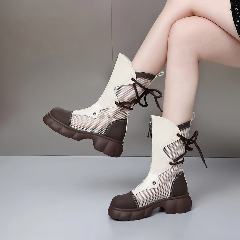 圆头春夏季中筒透气镂空薄款马丁靴英伦风百搭单靴网纱高筒骑士靴