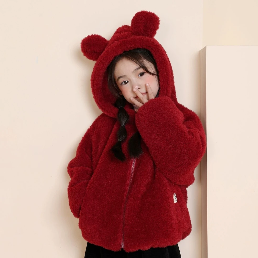 女童红色外套2025新款冬季韩版洋气儿童可爱洋气上衣保暖加绒外套