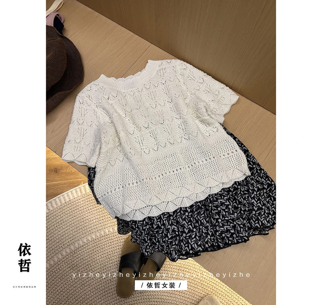 "圆领镂空T恤"ZF4506女短袖气质夏季小众设计感