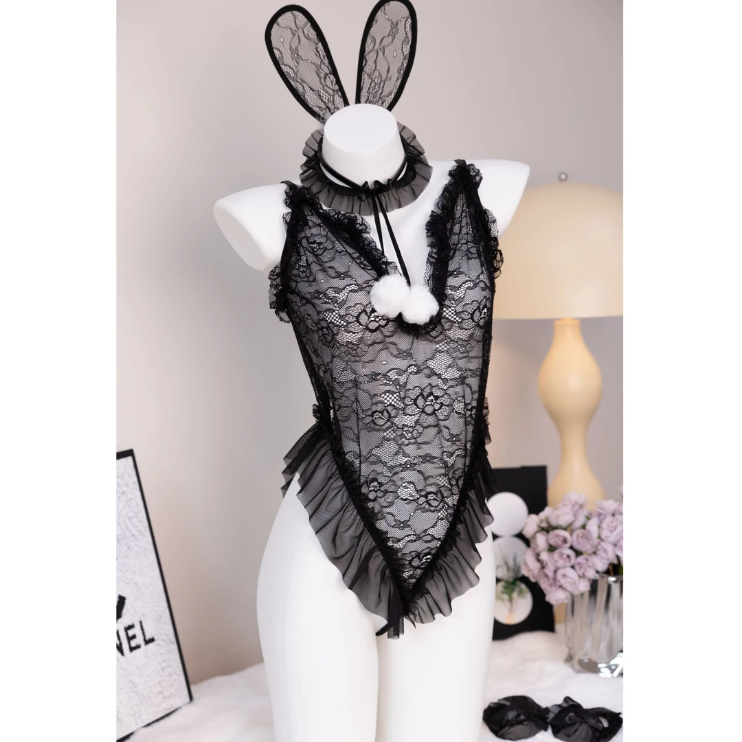 魅兔  大码（80-190）蕾丝V领兔耳朵木耳花边吊带连体睡衣套装性感