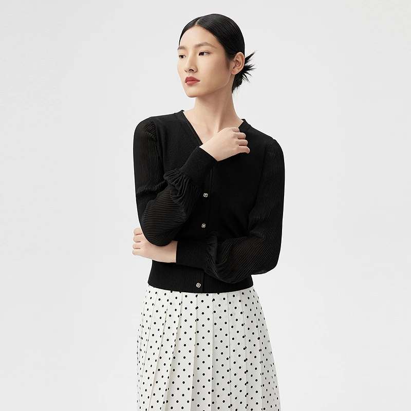 【商场同款】朗姿春季新款V领长袖内搭针织衫女肌理感气质优雅开衫L