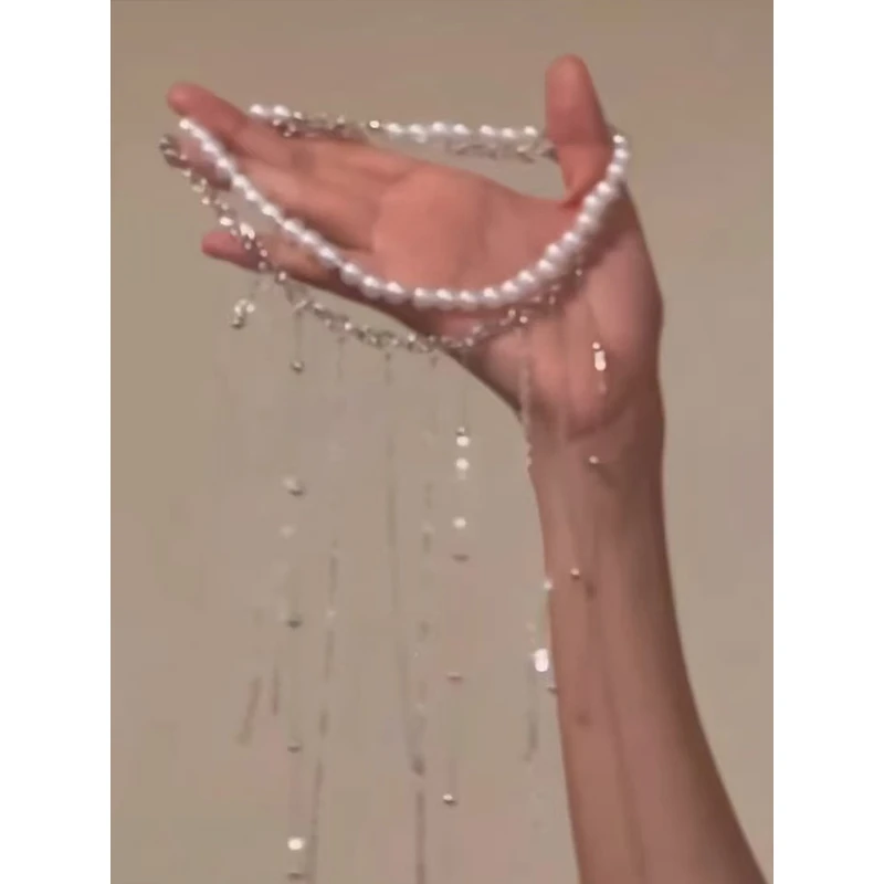 铜合金仿珍珠吊坠 性感纯欲风珍珠流苏锁骨链女时尚气质小众项链