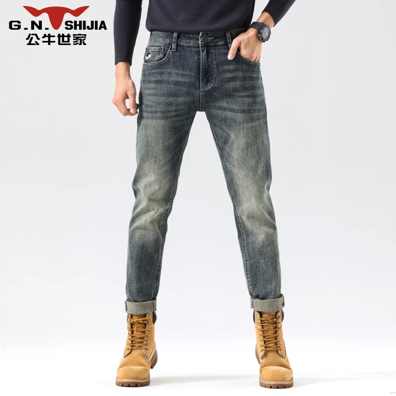 公牛世家秋冬复古蓝牛仔裤2025新款时尚修身小直筒男长裤百搭潮流