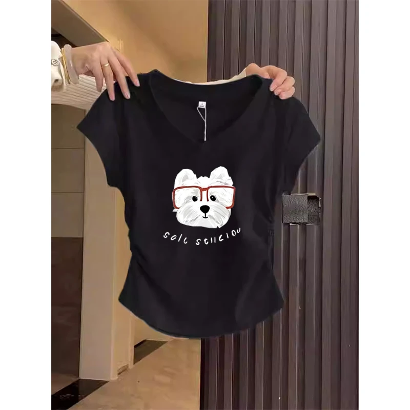 2025新款设计感小众正肩V领短袖女t恤褶皱收腰修身黑色上衣夏季潮