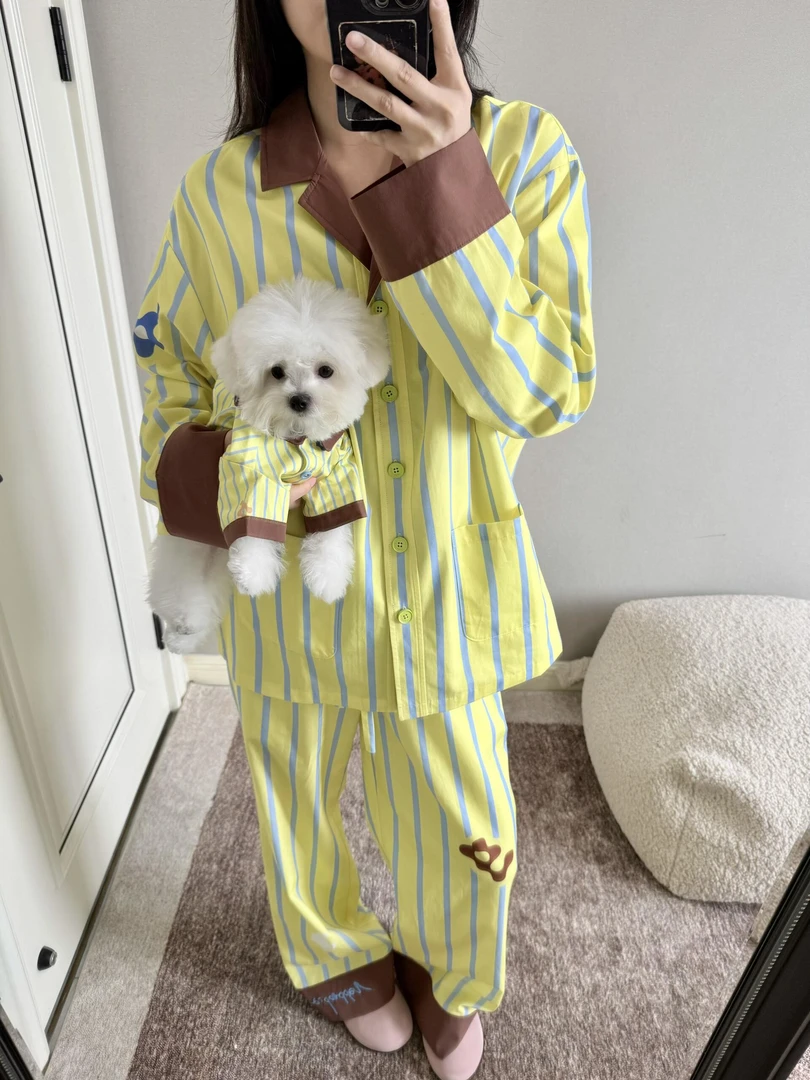 撞色衬衫条纹休闲睡衣女款爆款春秋新款宽松长裤家居服套装可外穿