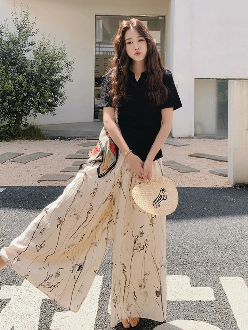 2025夏季新款时尚减龄百搭显瘦短袖上衣高腰阔腿裤两件套套装女潮