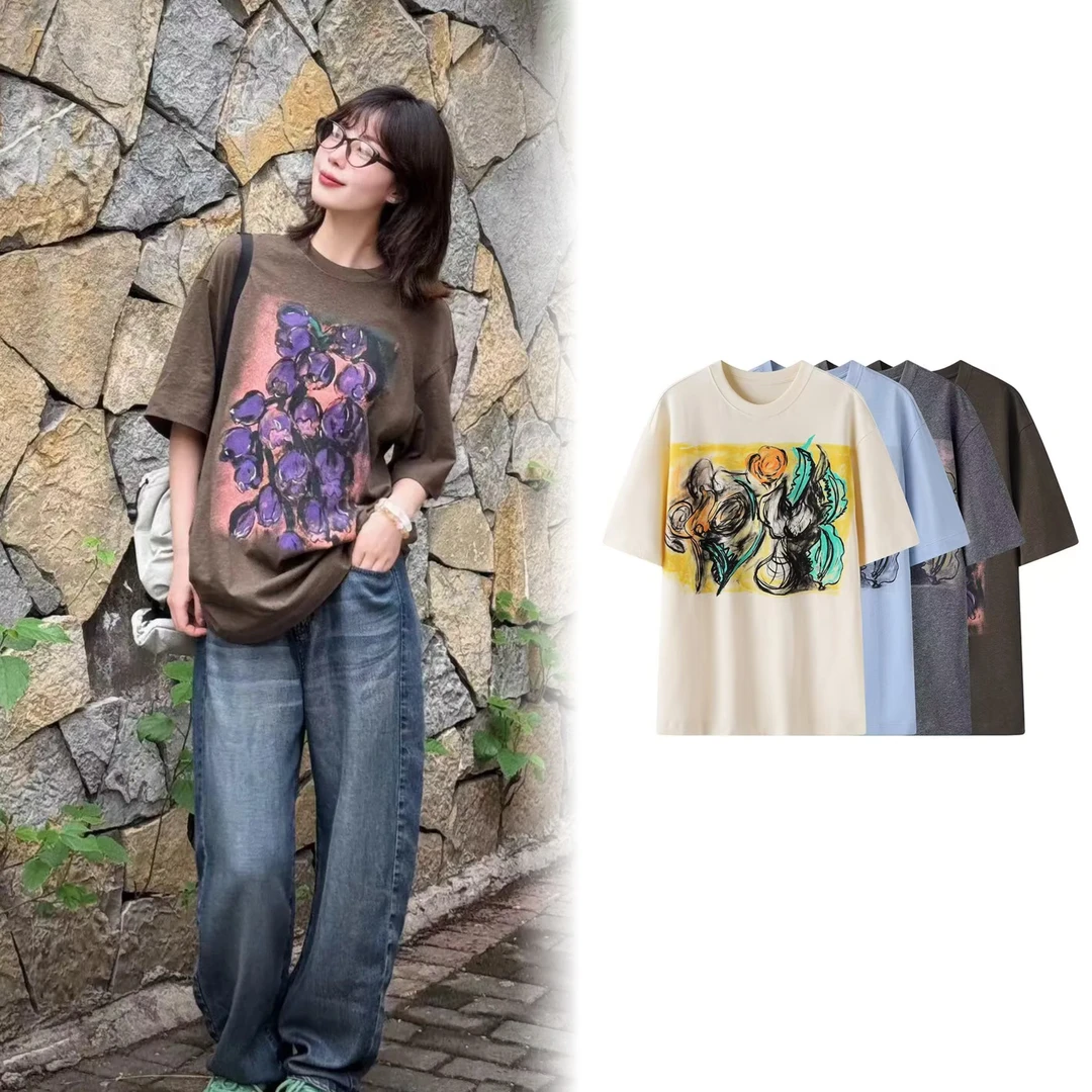 【0409】2025夏季新款花朵印花宽松阔版显瘦短袖T恤女