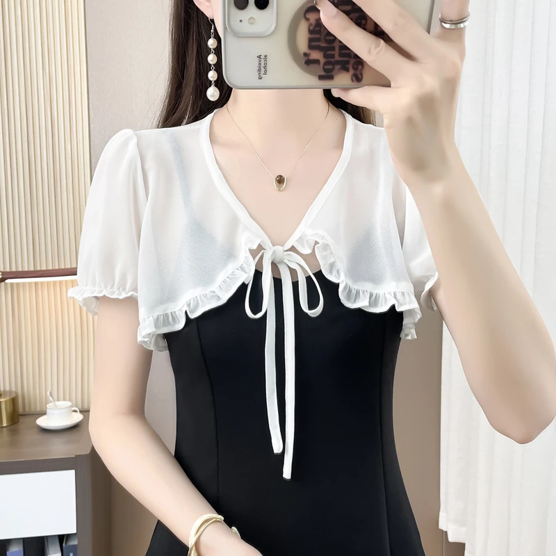 夏季配裙子的小外套女短款薄外搭网纱小披肩夏百搭短袖系带小坎肩