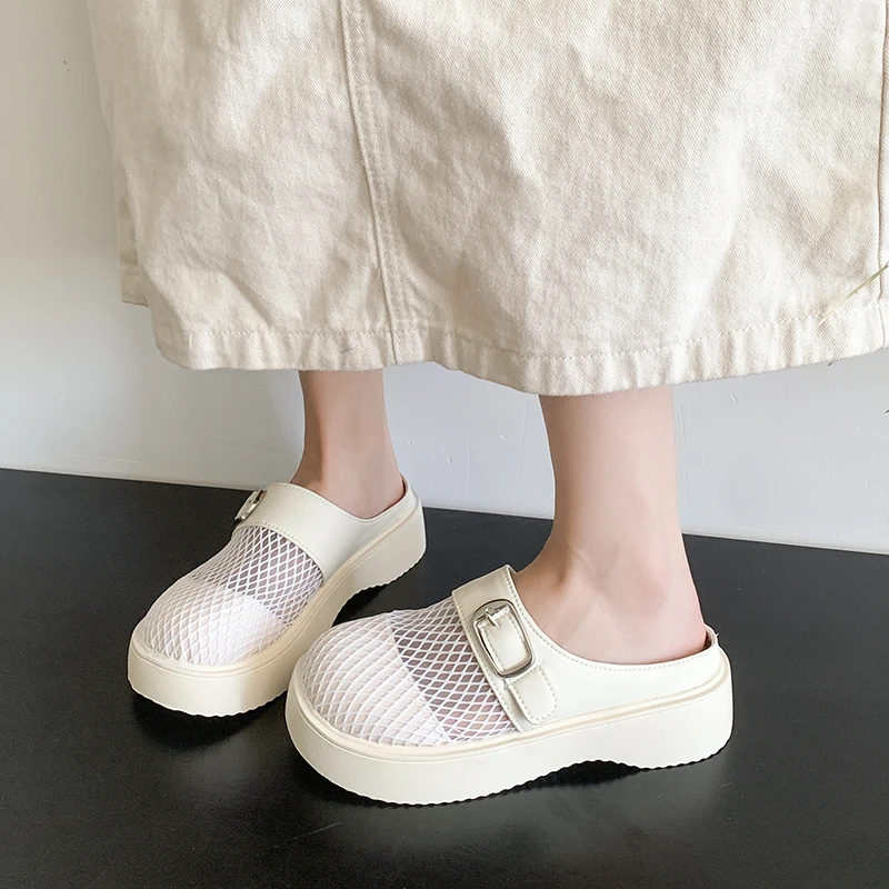 松糕厚底网面包头半拖鞋女夏外穿2025新款编织透气凉鞋勃肯凉拖鞋