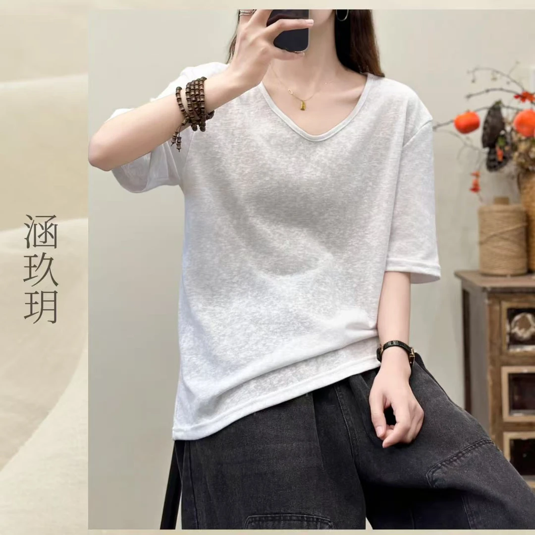 涵玖玥【V领短袖】如沐春风舒适款夏季必备百搭上衣i麻-2150