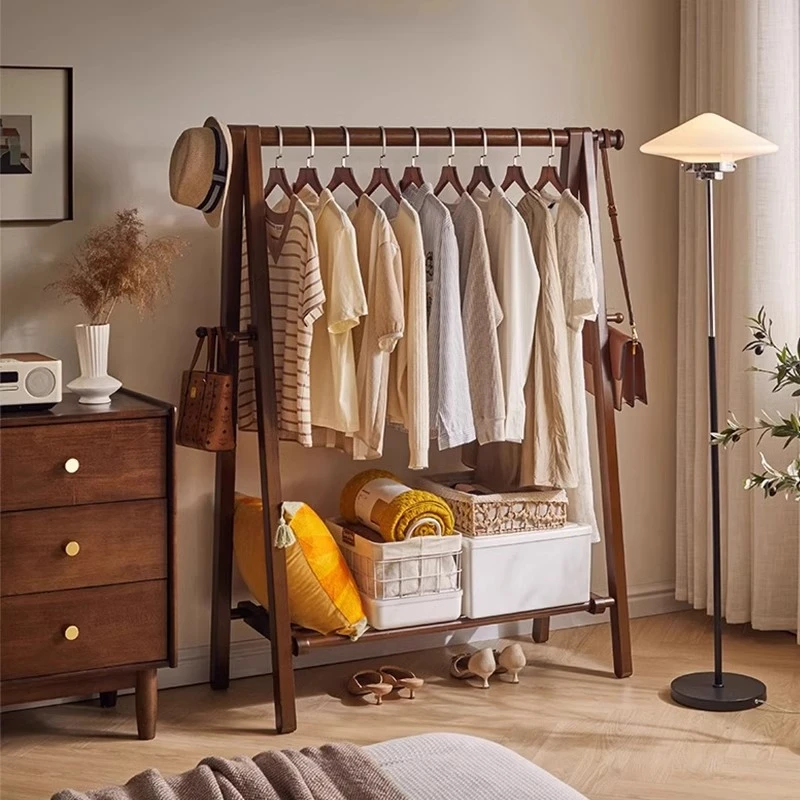 实木落地式挂衣架黑胡桃室内衣帽架卧室小型衣服架子多功能置衣架