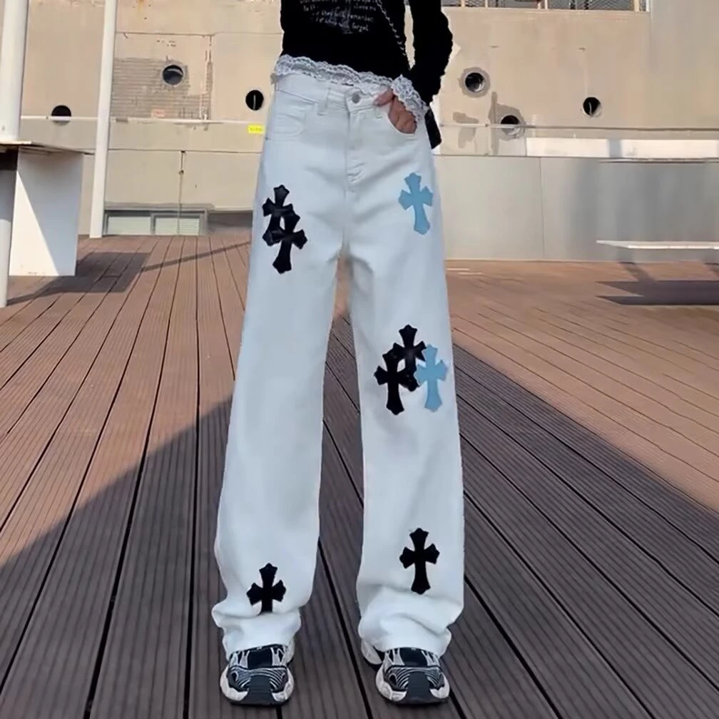 痞帅高级感克罗心白色牛仔裤男款春秋季美式cleanfit穿搭直筒裤子