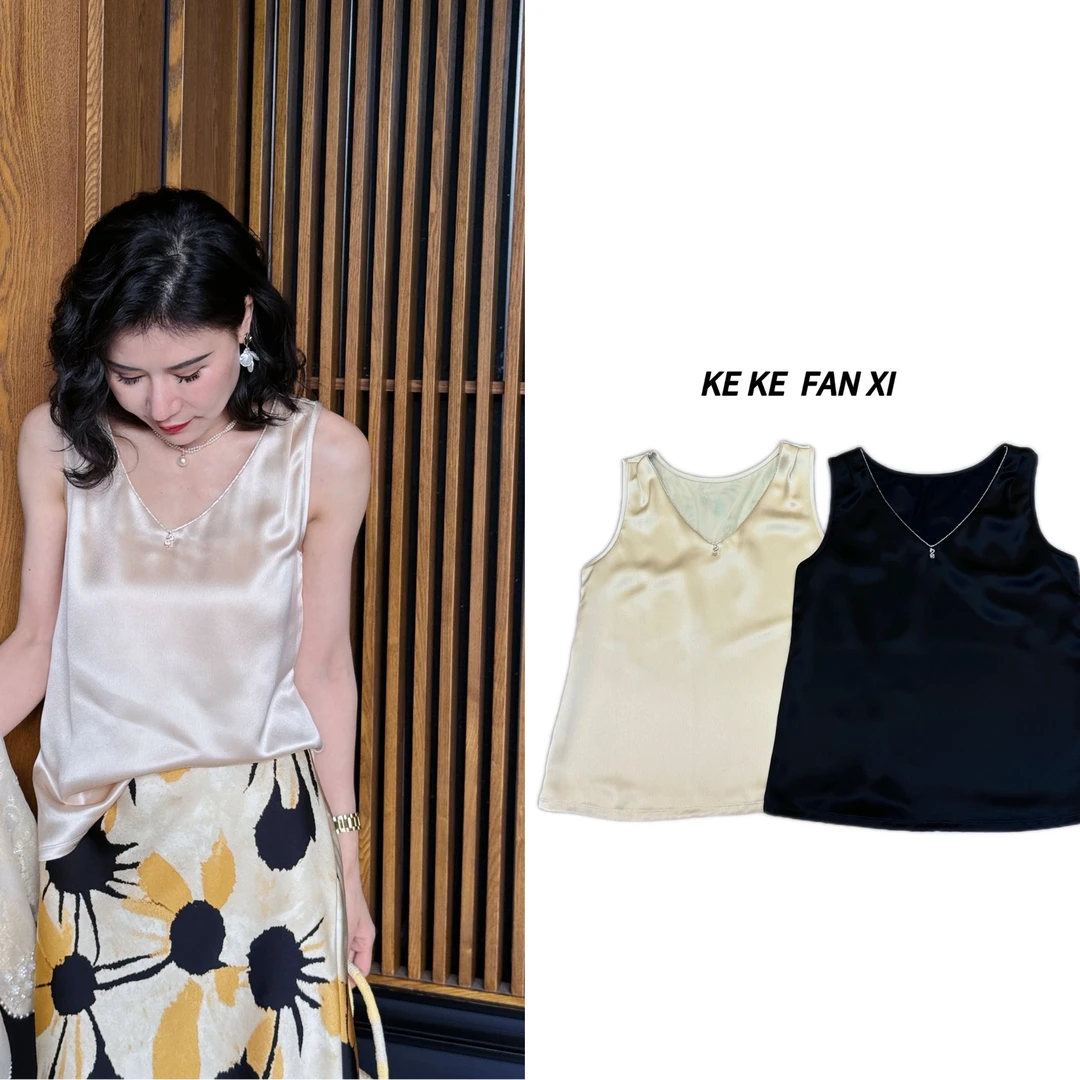 89061领口钉钻醋酸背心显瘦气质时尚通勤百搭女士外穿简约无袖