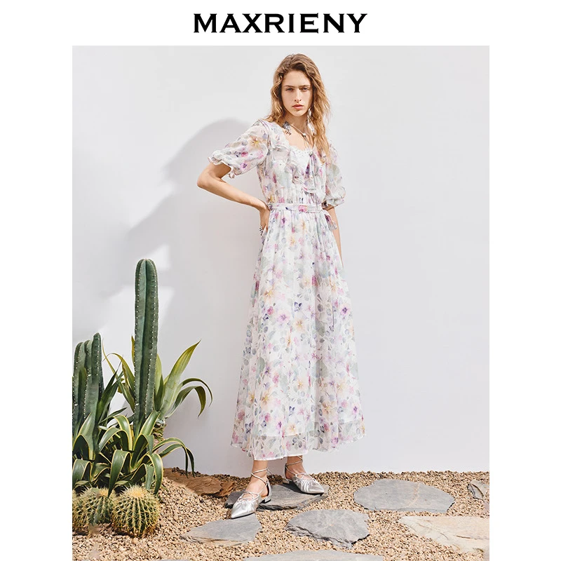 MAXRIENY肌理感雪纺连衣裙25夏款浪漫田园风超仙长裙茶歇裙气质感