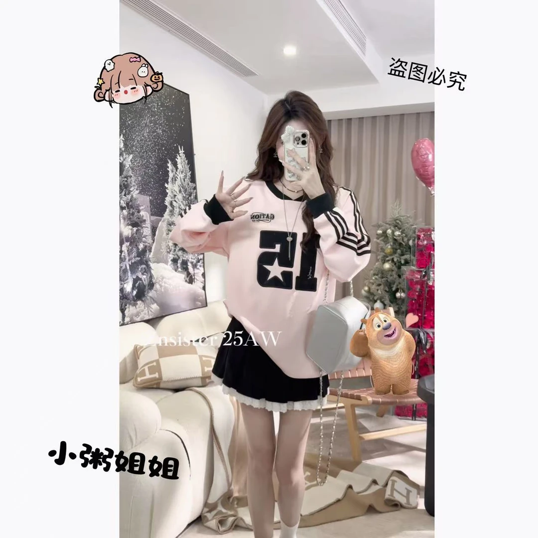 【XZ01】美式复古运动风V领卫衣女街头宽松慵懒感长袖卫衣