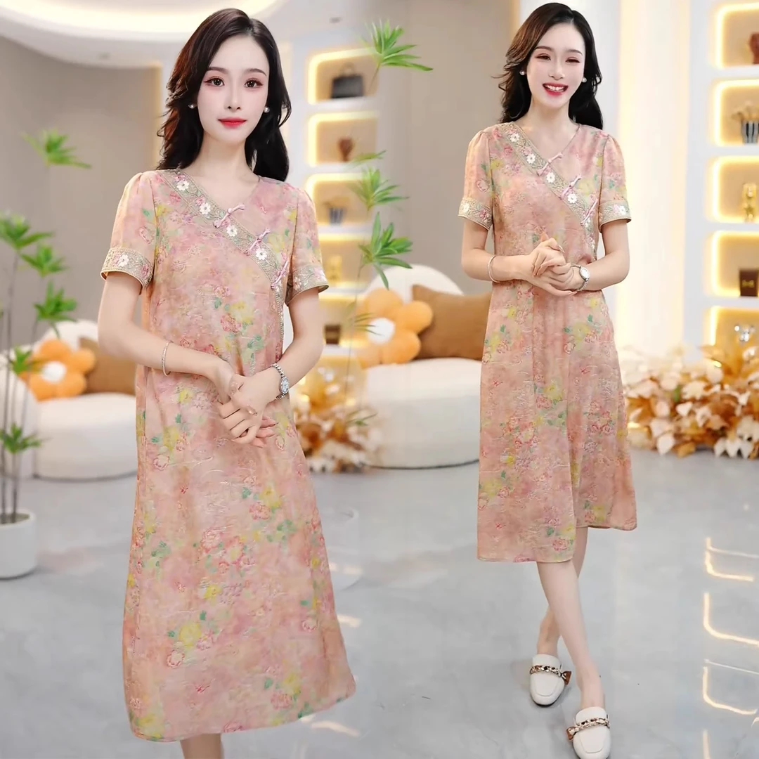 时尚优雅气质新中式连衣裙女2025夏季新款洋气显瘦国风盘扣连衣裙