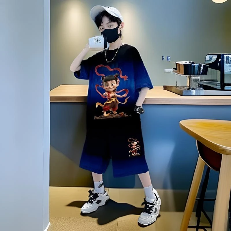 哪吒闹海男童夏季短袖套装2025新款男孩帅气炸街高能感运动两件套