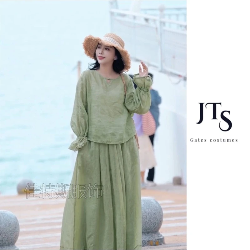 A1103#纯色苎麻设计师V领袖口荷叶边系带夏季宽松长袖百搭小衫女