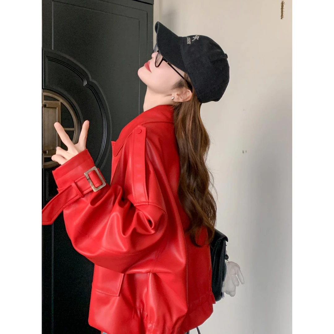 红色皮衣外套女春秋2025新款美式复古时髦设计感网红炸街PU皮夹克