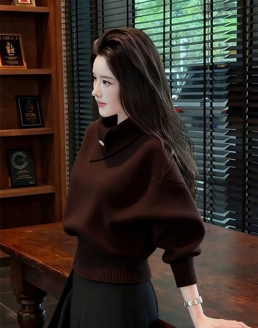 秋冬韩系淡人高知老钱风轻熟设计感软糯慵懒咖色高领打底针织衫女