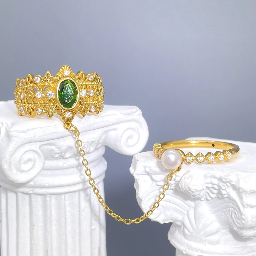 【618钜惠】固口古典双戒-足金999镶嵌链条戒指8.97-3.42克净金重