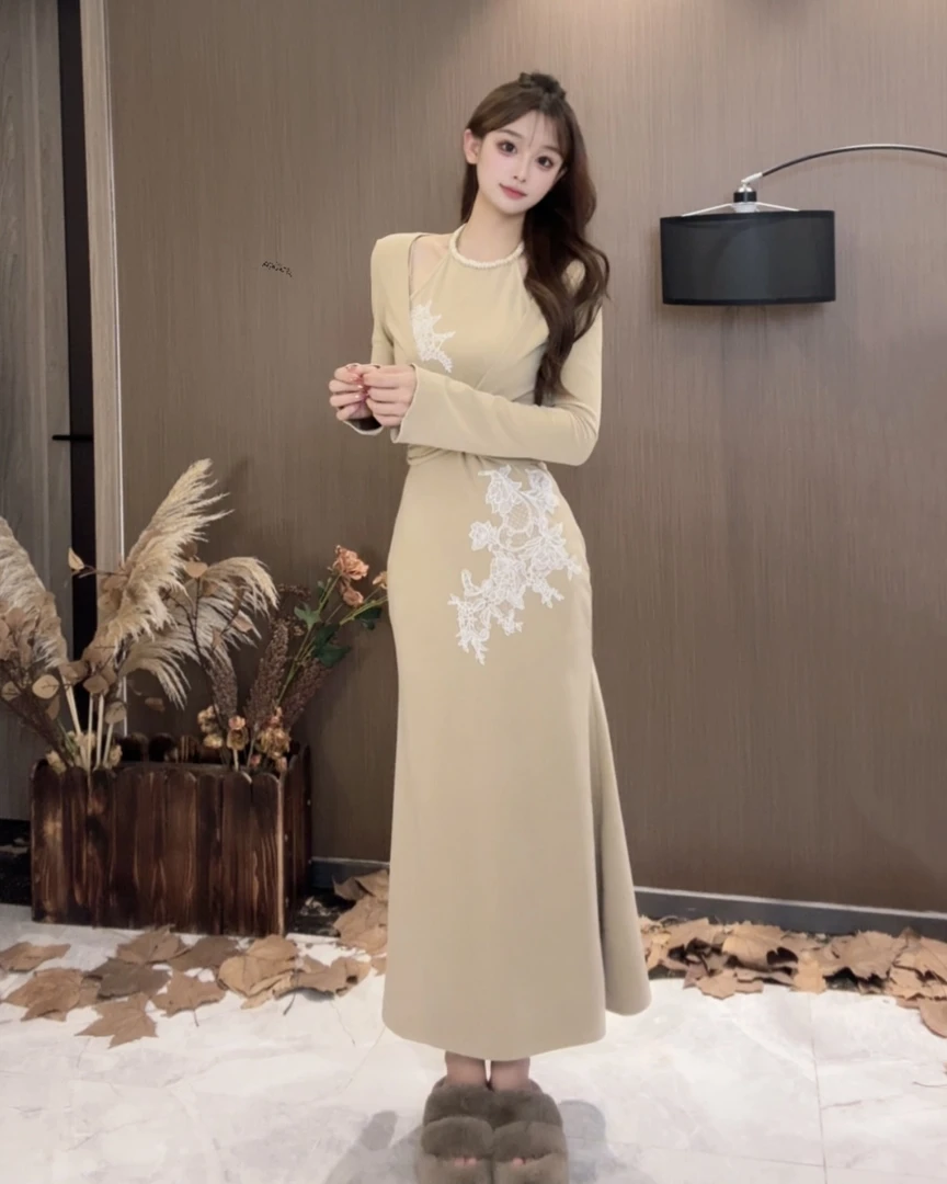 秋冬加绒假两件优雅长袖连衣裙鱼尾长裙