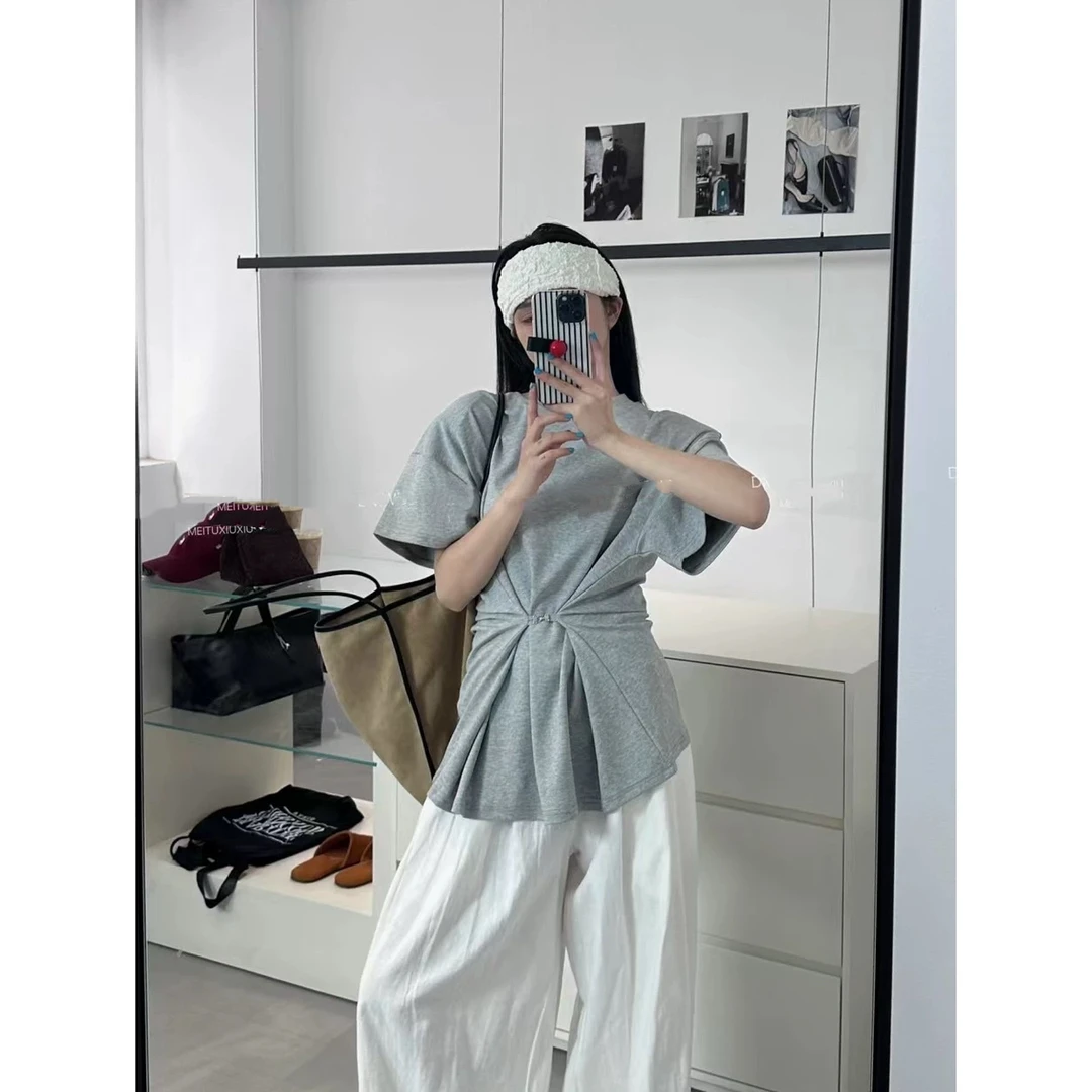 （韵宝定制）2025超高质量垫肩系扣收腰纯色短袖T恤女