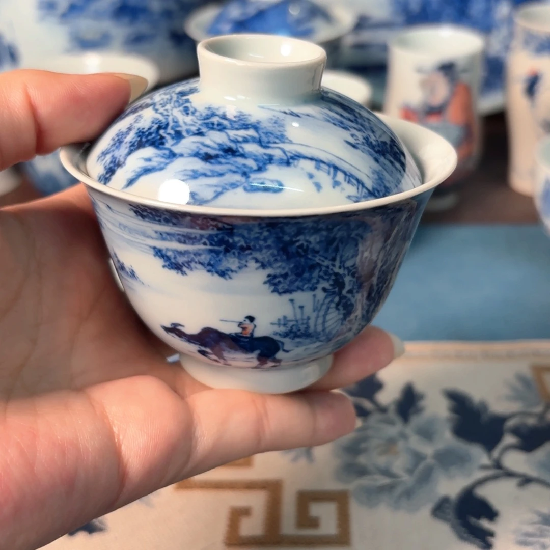 熊***雄柴窑青花瓷牧牛盖碗