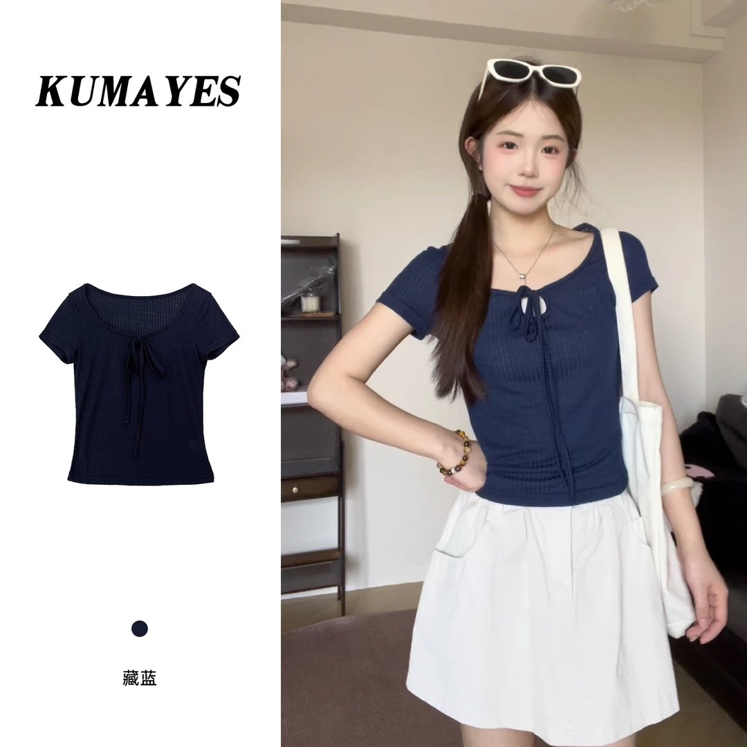 KUMAYES夏季薄款藏蓝色绑绳微透短袖t恤女收腰显瘦辣妹小上衣