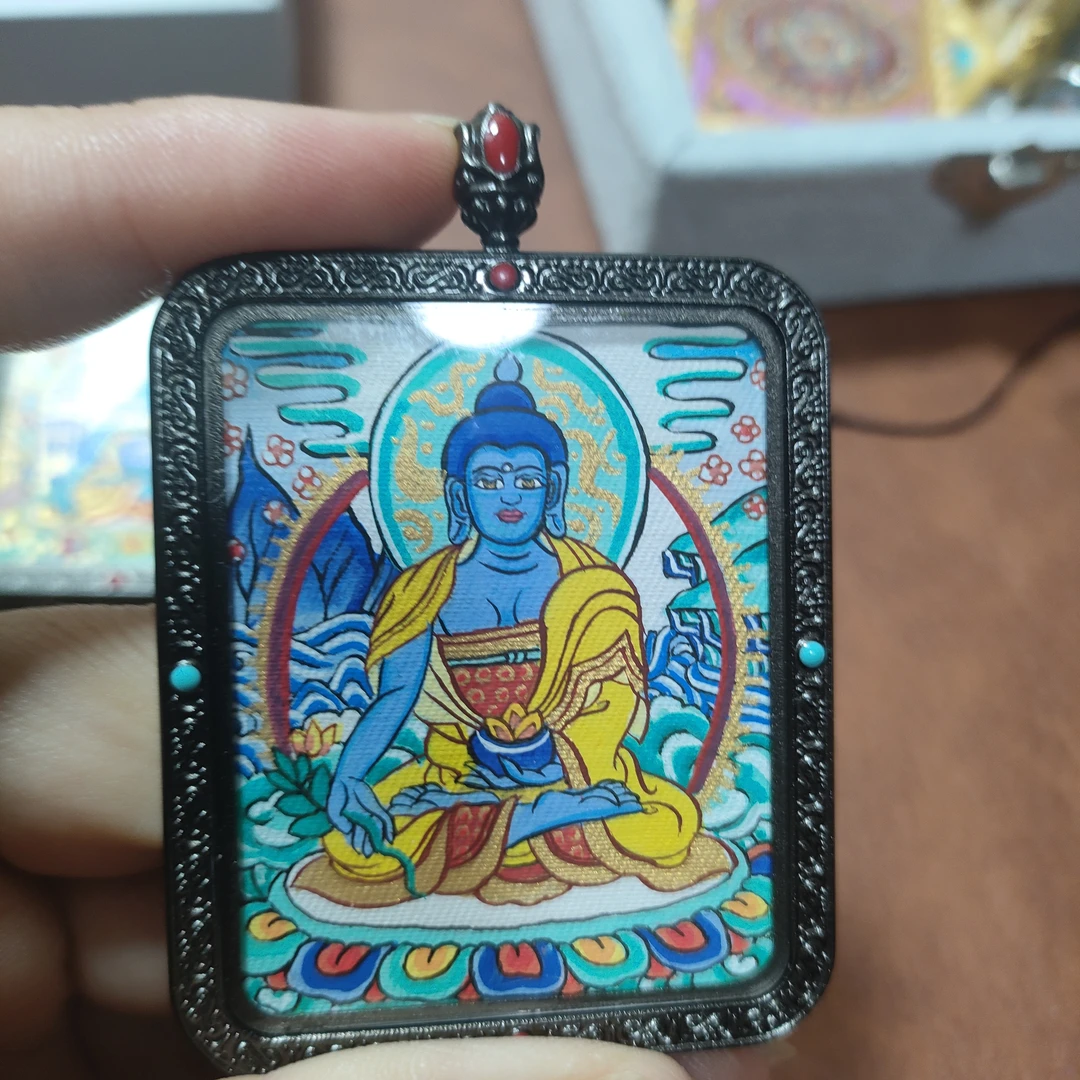 西藏热贡纯手绘唐卡药师送背卡