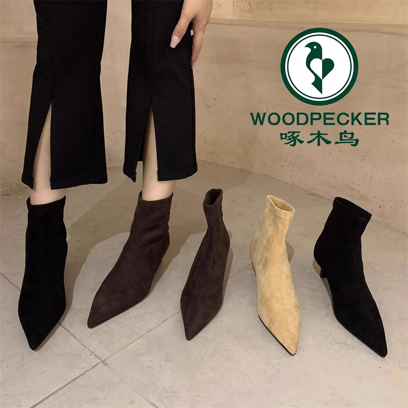 啄木鸟尖头细跟弹力靴女秋冬2025款网红绒面复古通勤中跟瘦瘦短靴