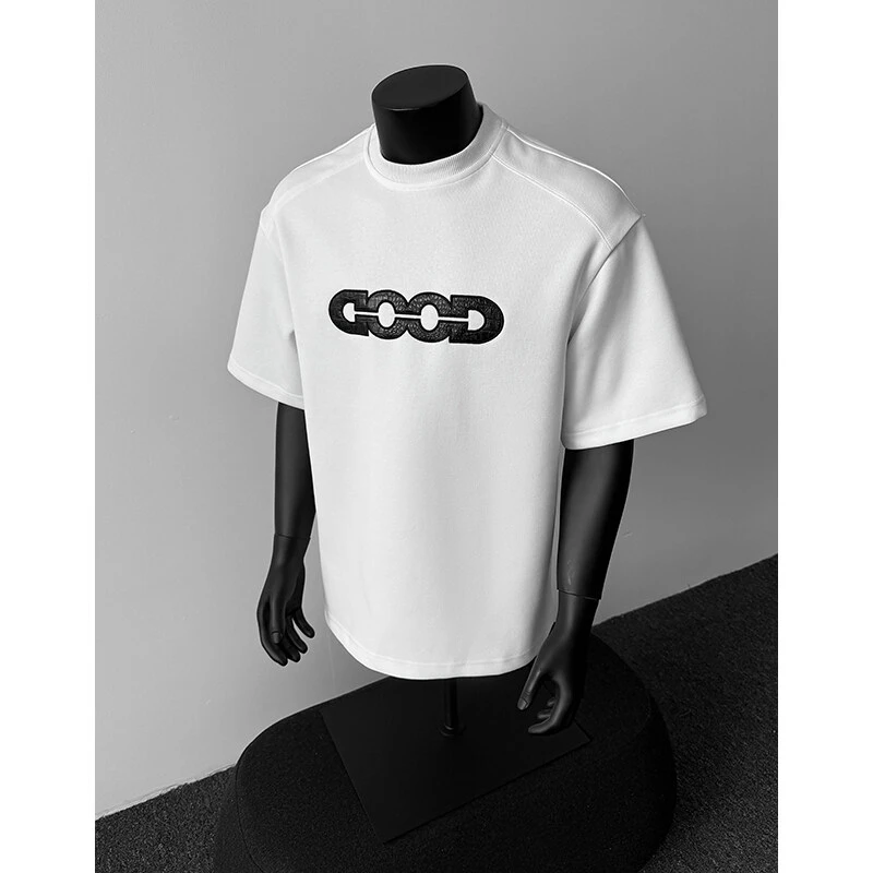 美式高街贴布绣重磅短袖t恤男夏季hiphop潮牌痞帅宽松五分半中袖