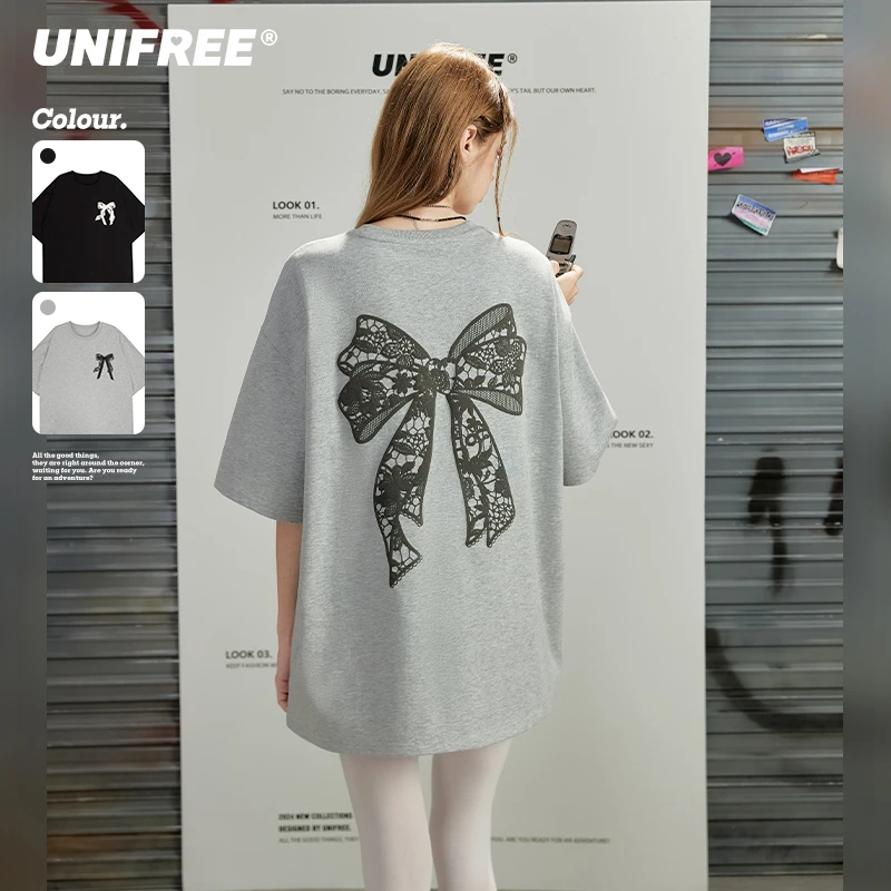 UNIFREE宽松T恤美式复古蕾丝蝴蝶结U242G017K2I1