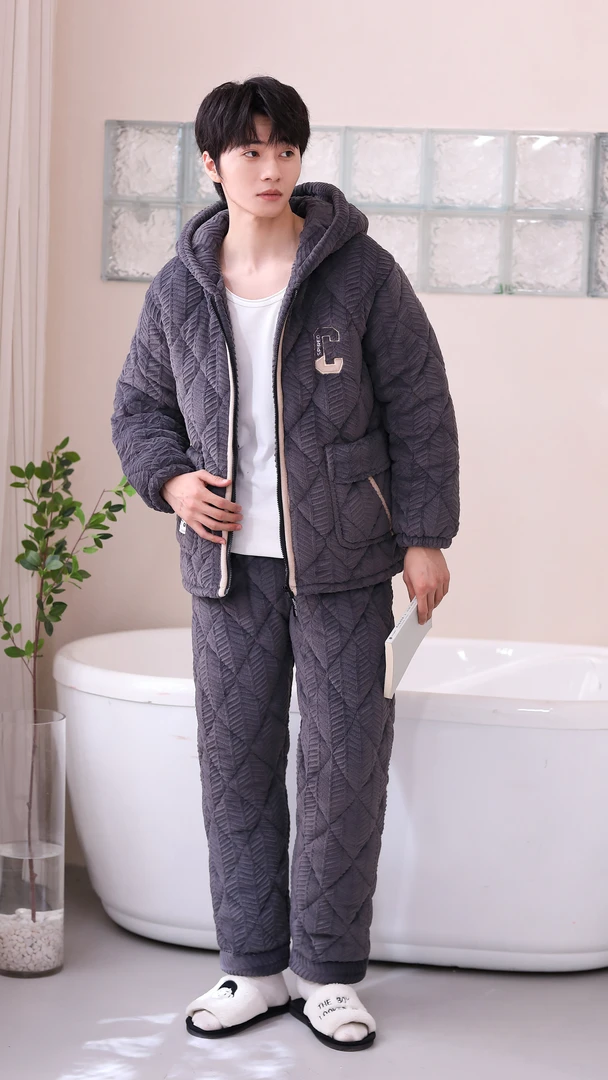【0279大C】冬季男士睡衣套装加绒外穿保暖家居服三层夹棉时尚休闲
