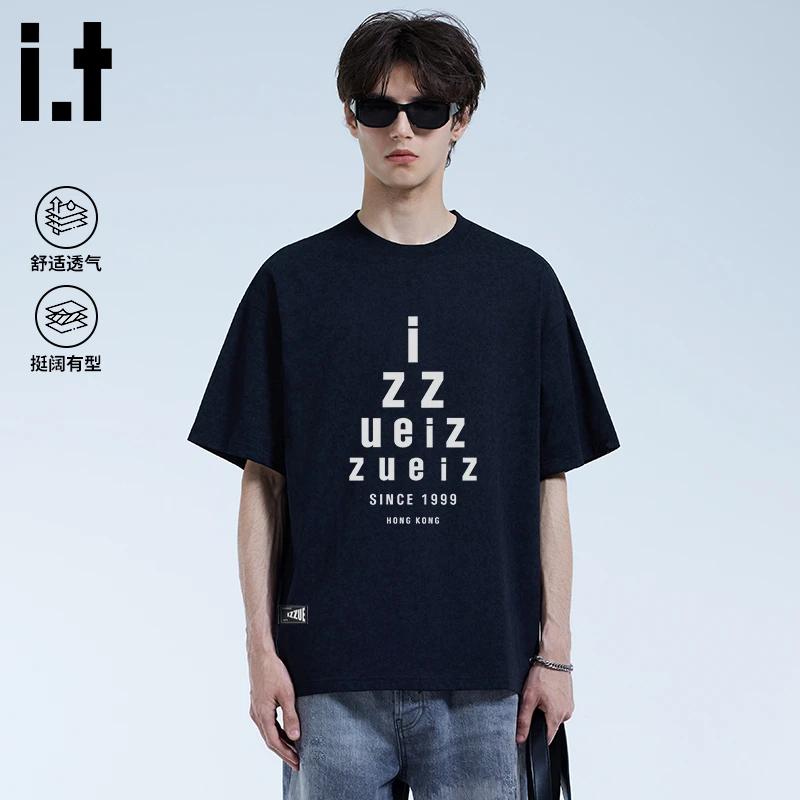 i.t izzue高级感男装t恤短袖夏季重磅宽松圆领半袖潮牌蜡染五分袖