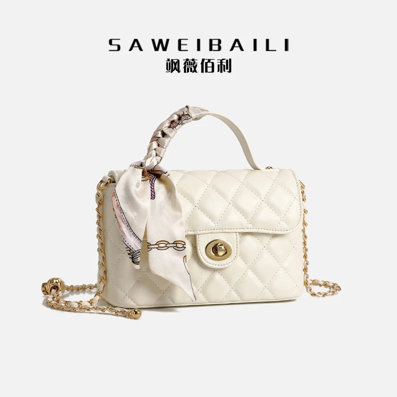【FU】 (带丝巾)菱格绣线手提包单肩斜挎包-5596-1