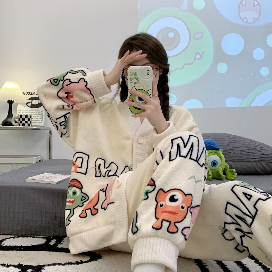 【大眼怪兽】秋冬季新款保暖珊瑚绒加绒加厚法兰绒睡衣家居服套装