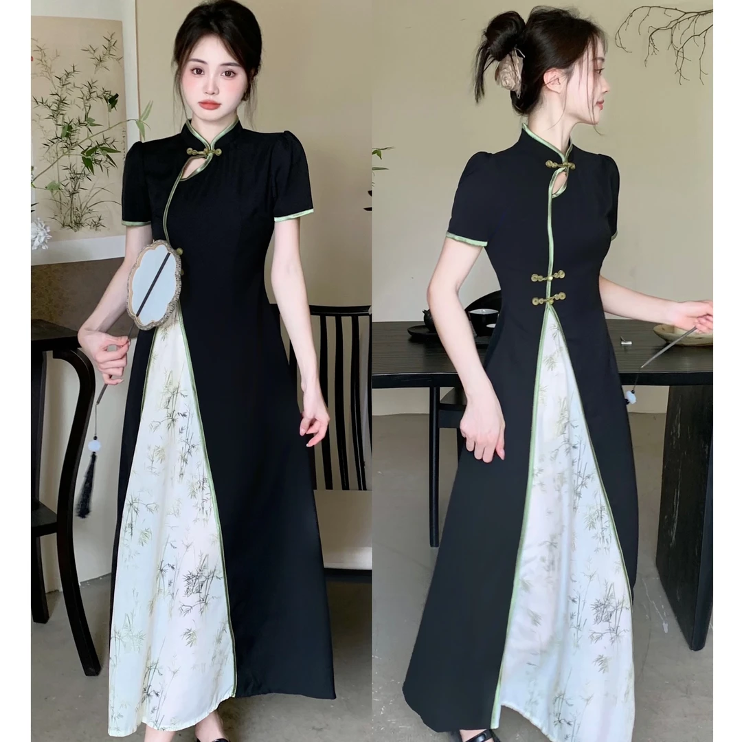 知江南新中式国风长裙夏季收腰显瘦高级感时尚设计精致旗袍连衣裙