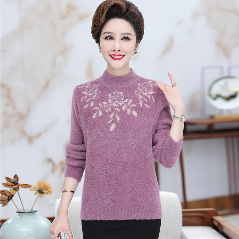 中老年人仿貂绒针织衫妈妈装套头毛衣女士70-80岁老太太毛衣