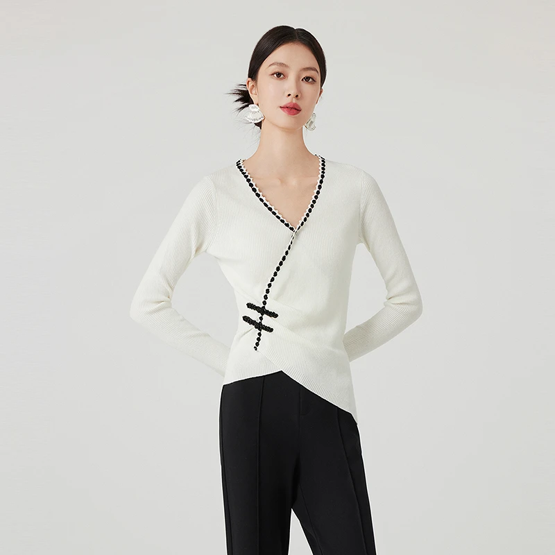 芭蒂娜新中式盘扣针织衫女春秋修身撞色不规则时尚小衫641P080