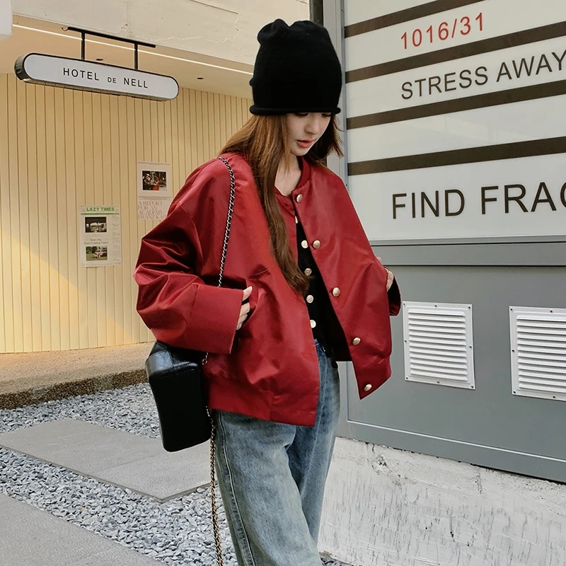 安可拉红短款棒球服女春季2025新款高级感小个子休闲宽松夹克外套